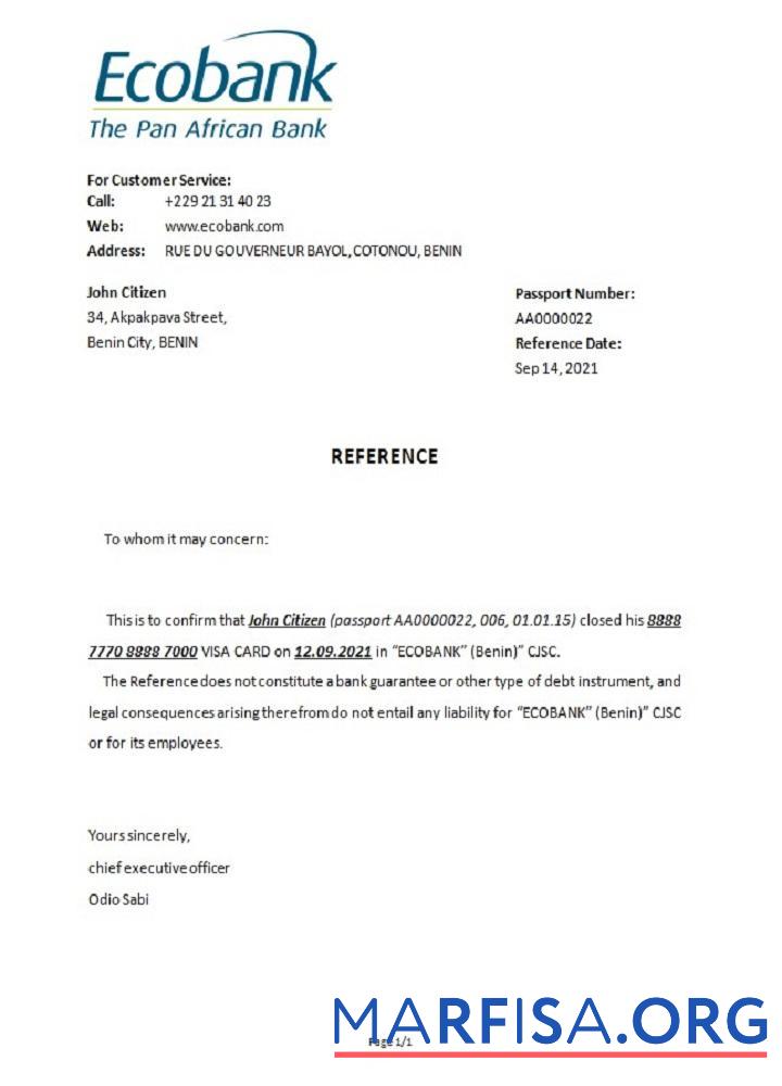 Printable Benin Ecobank closure reference template